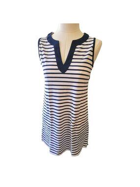 Lands' End Dress Blue White Stripe V-neck Sleeveless Cotton Womans Small DH465